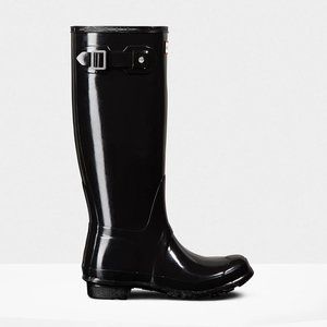 Hunter Original Tall Boot, Glossy Black with Socks